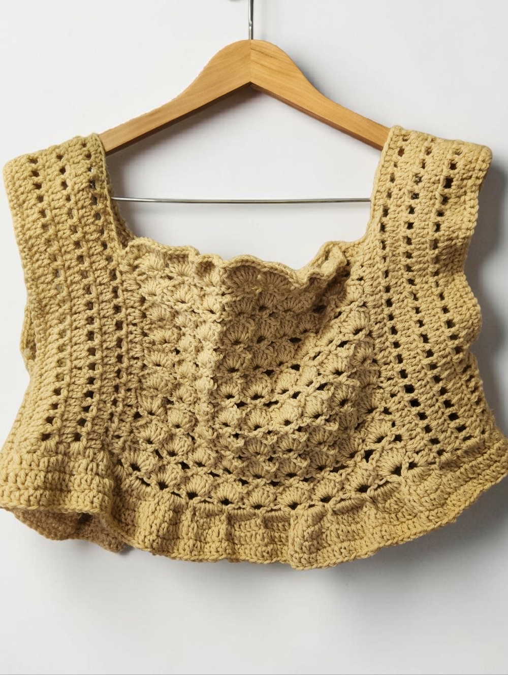 Crochet Tan Cropped Knit Tank Sweater  Ruffle Hem Womens XL Boho Handmade Top
